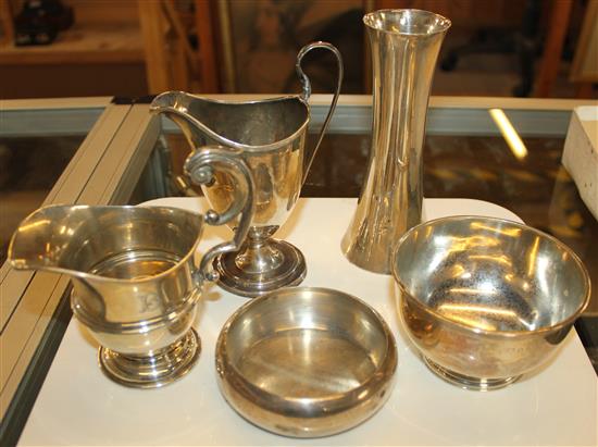 Silver vase, 2 cream jugs and 2 bowls